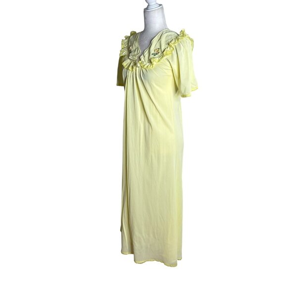 Vintage Nylon Nightgown Ruffled Collar Small Yellow Floral Embroidery Maxi - Picture 8 of 10